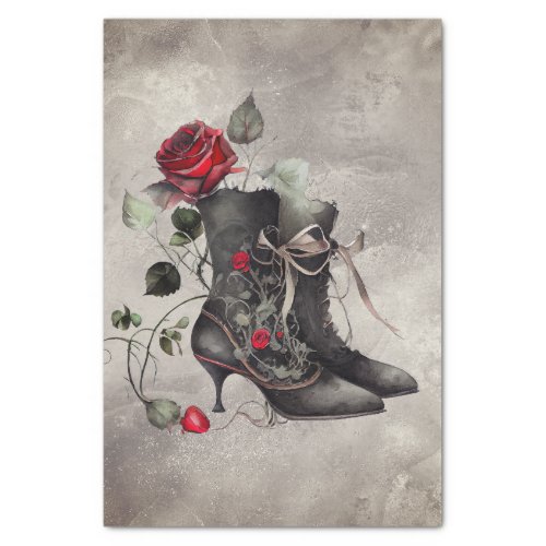 Victorian Boudoir  Antique Red Rose Dress Booties Tissue Paper