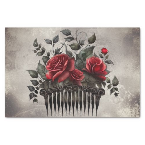 Victorian Boudoir  Old Hair Comb with Red Roses Tissue Paper