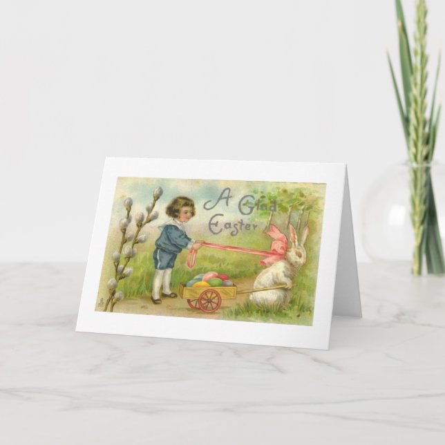 Victorian Boy And Bunny Egg Cart Easter Card (Front)
