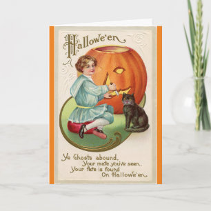 Victorian Boy Carving Pumpkin Halloween Card