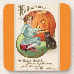 Victorian Boy Carving Pumpkin Halloween Coaster
