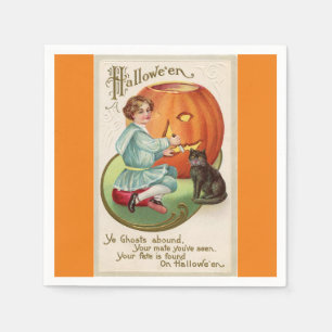 Victorian Boy Carving Pumpkin Halloween Paper Napkins