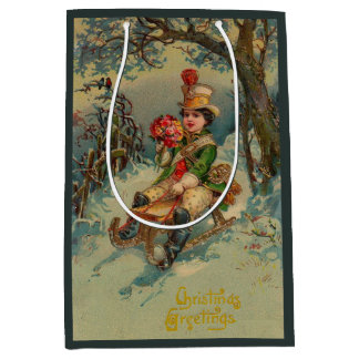 Victorian boy sledding Christmas Greetings Medium Gift Bag