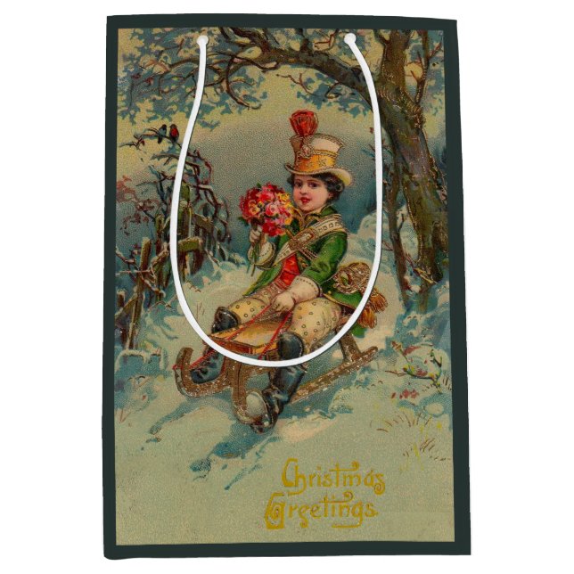 Victorian boy sledding Christmas Greetings Medium Gift Bag (Front)