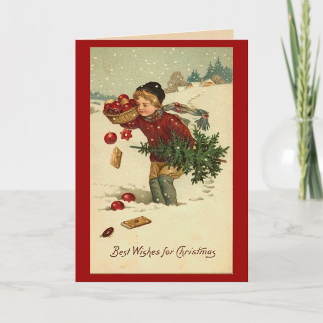 Victorian Boy with Christmas Tree Holiday Card (Front)