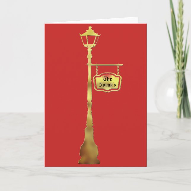 Victorian brass Lamp post lantern card gold red (Front)