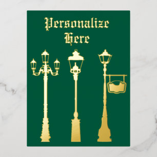 Victorian brass Lamp post lantern green gold Foil Holiday Postcard