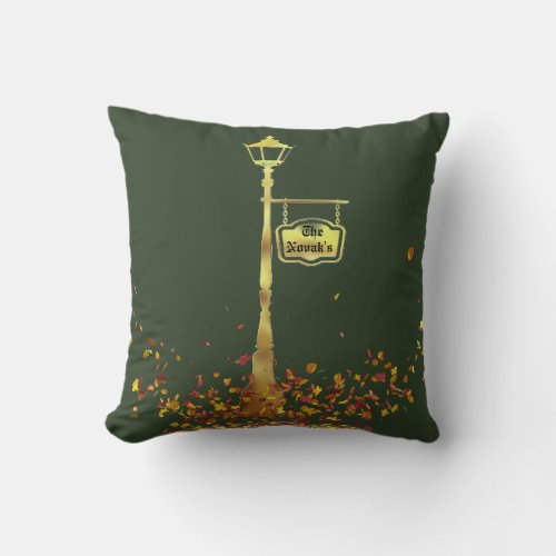 Victorian brass lamp post lantern green gold throw pillow