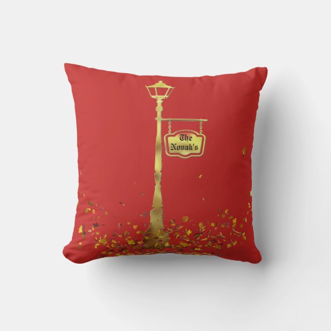 Victorian brass lamp post lantern red gold throw pillow (Front)