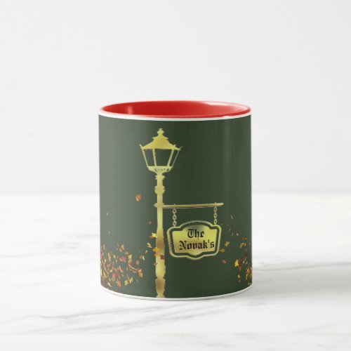 Victorian brass lamp post lantern winter green mug