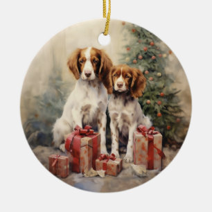 Victorian Brittany Spaniel Puppy Christmas Ceramic Ornament