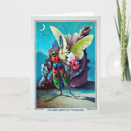 Victorian Bugs with Flowers Christmas Card