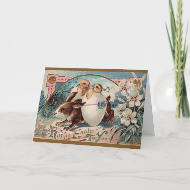 Victorian Bunny Egg Delivery Easter Greeting Card (Front)