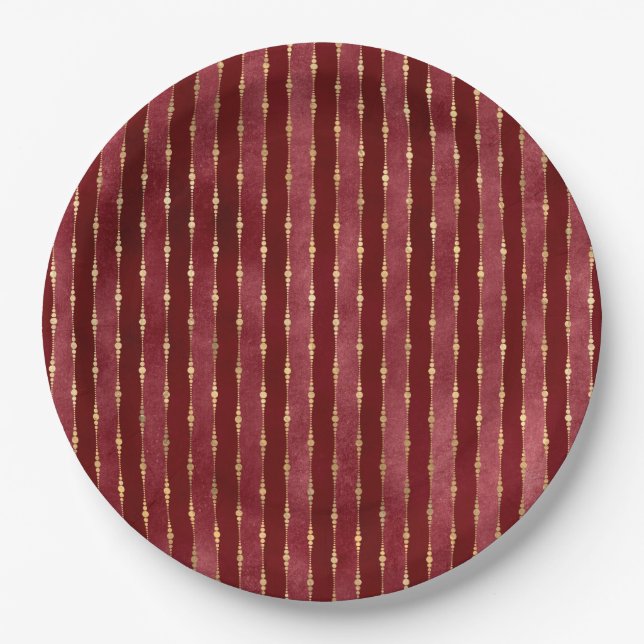 Victorian Burgundy and Gold Stripe Paper Plates (Front)