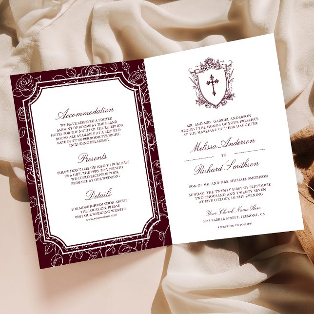 Victorian Burgundy Catholic QR Code Wedding Invitation (Creator Uploaded)