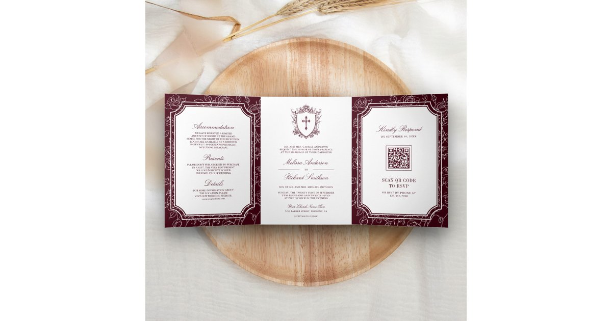 Victorian Burgundy Catholic QR Code Wedding Tri-Fold Invitation | Zazzle