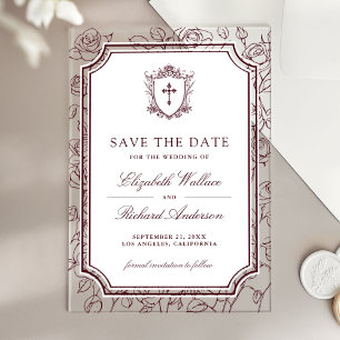 Victorian Burgundy Catholic Wedding Save the Date