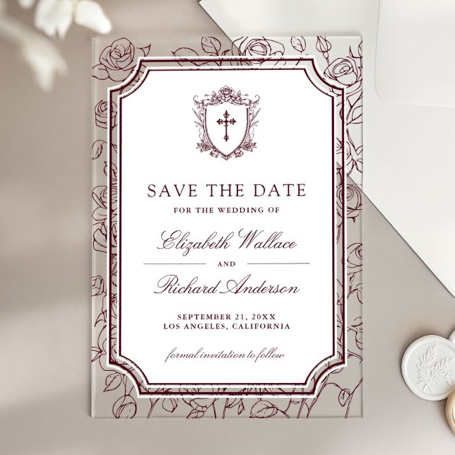 Victorian Burgundy Catholic Wedding Save the Date (Creator Uploaded)