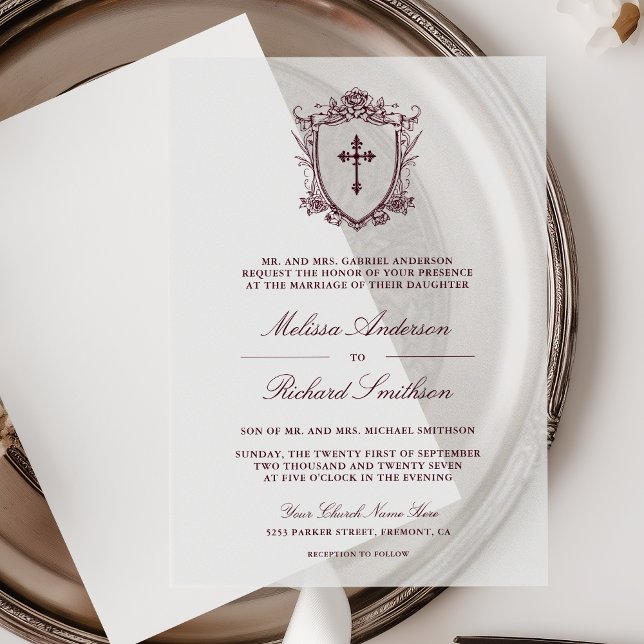 Victorian Burgundy Catholic Wedding Vellum Invitations (Creator Uploaded)