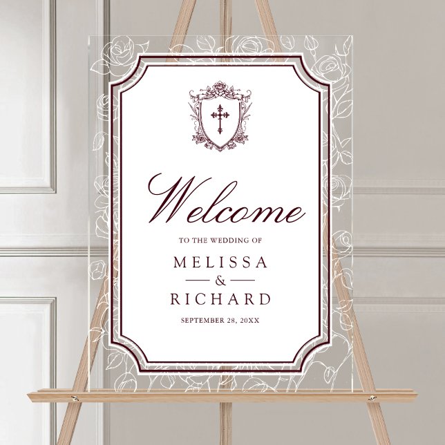Victorian Burgundy Catholic Wedding Welcome Acrylic Sign (Creator Uploaded)