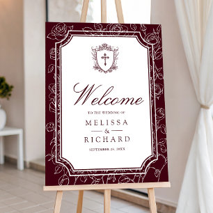 Victorian Burgundy Catholic Wedding Welcome Sign