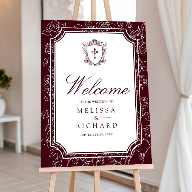 Victorian Burgundy Catholic Wedding Welcome Sign (Creator Uploaded)