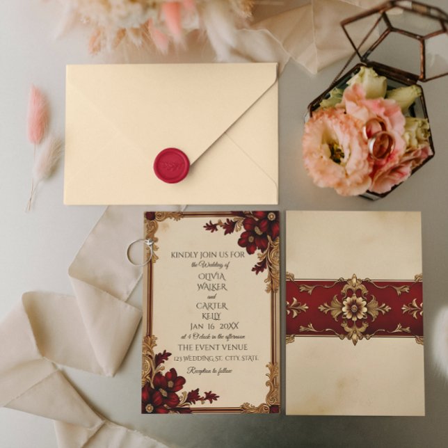 Victorian Burgundy Deep Red Floral Invitation (front/back)