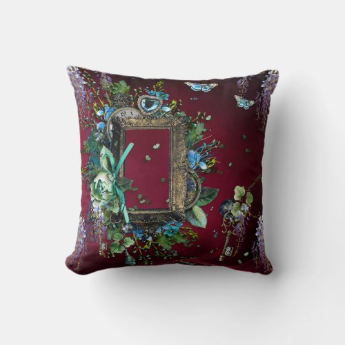 Victorian Burgundy Mist Lavender Wisteria frame Throw Pillow