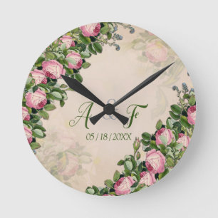 Victorian Bush Garden Green with Pink Roses Round Clock
