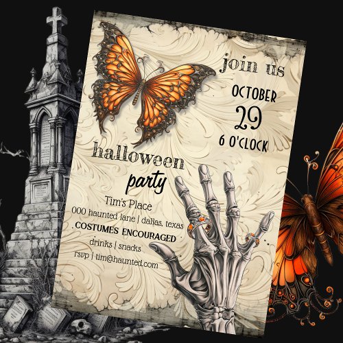 Victorian Butterfly  Skeleton  Gothic Halloween  Invitation