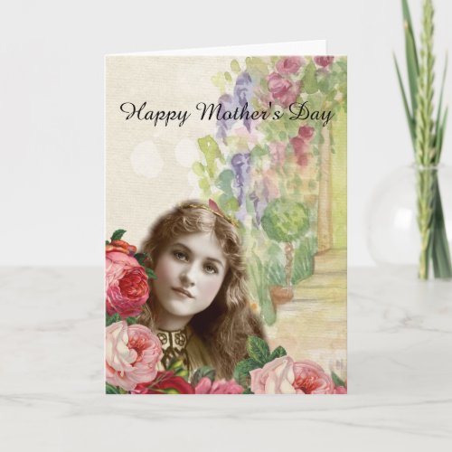 Victorian Cabbage Roses Woman Floral Card