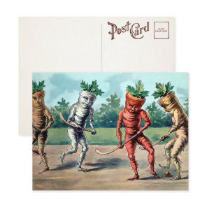 Victorian Carrots Playing Hockey Postcard