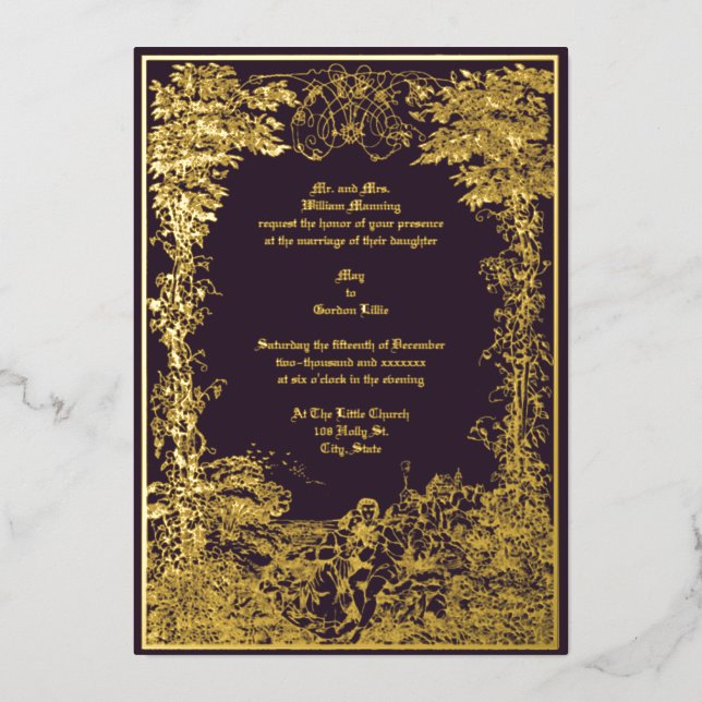 Victorian Castle Couple Foliage Border Wedding Foil Invitation (Front)