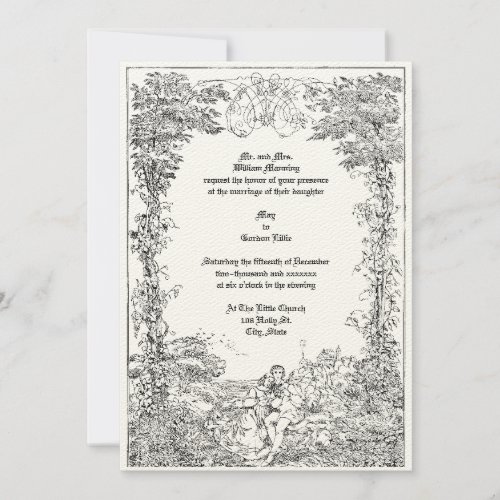 Victorian Castle Couple Foliage Border Wedding Invitation