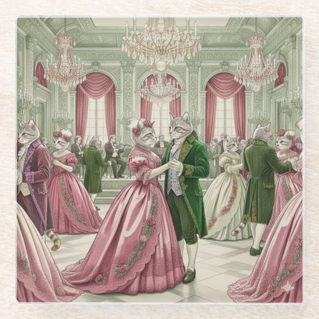 Victorian Cat Ball Glass Coaster (Front)