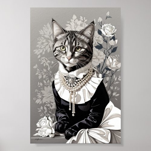 Victorian cat dressed in black poster