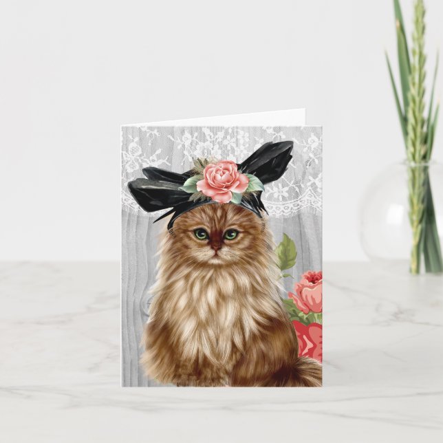 Victorian Cat dressed in Hat Notecard (Front)