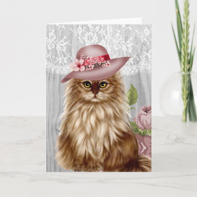 Victorian Cat dressed in Hat Notecard (Front)