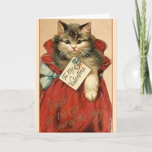 Victorian Cat In Bag Valentines Day Card