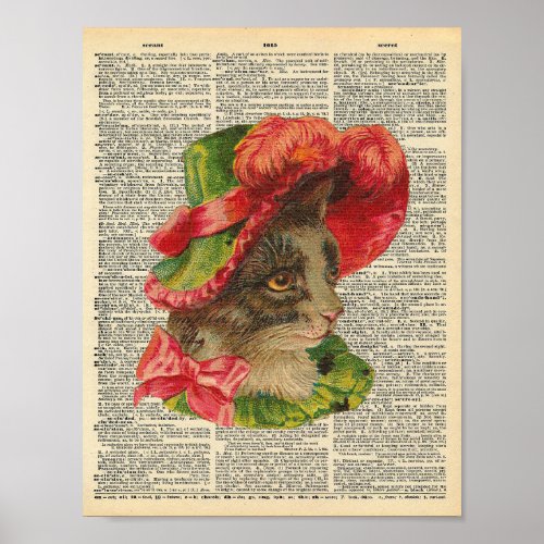 Victorian cat in hat on vintage dictionary page poster
