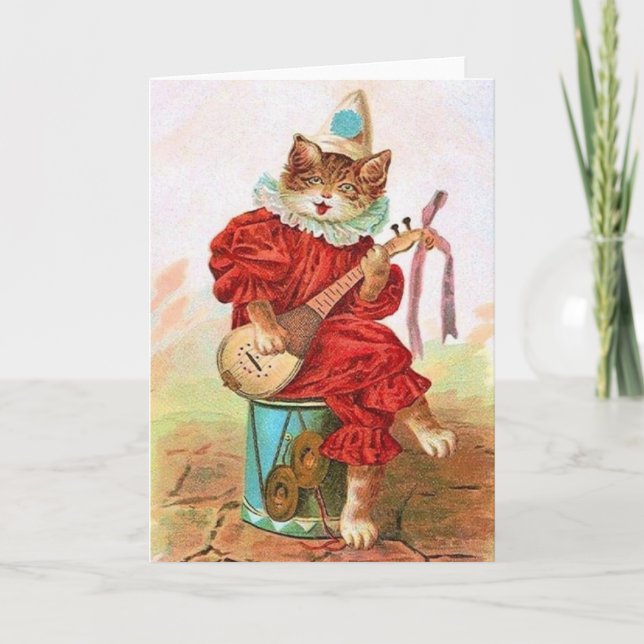 Victorian Cat Minstrel Serenade Valentine Holiday Card (Front)
