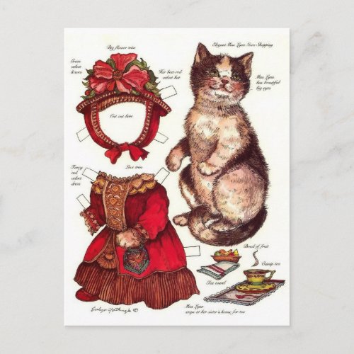 Victorian Cat Paper Doll Vintage Christmas Holiday Postcard