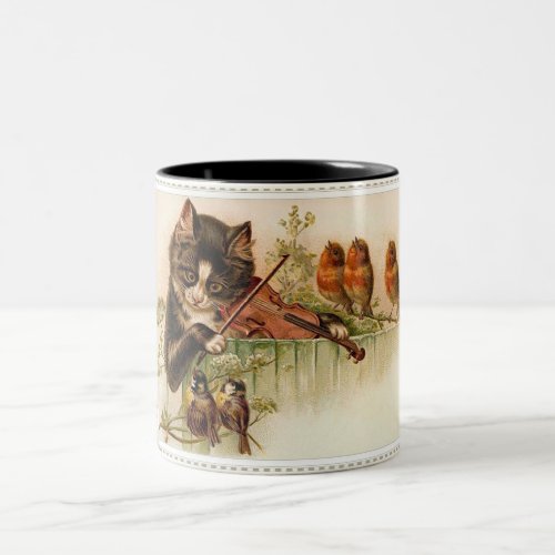 Victorian Cat Plays the Violin for Songbirds Two_Tone Coffee Mug