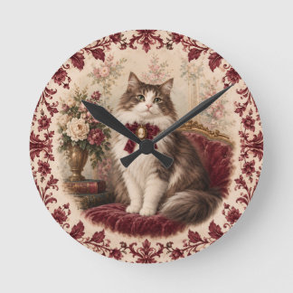 Victorian Cat Portrait Burgundy Floral Vintage Round Clock