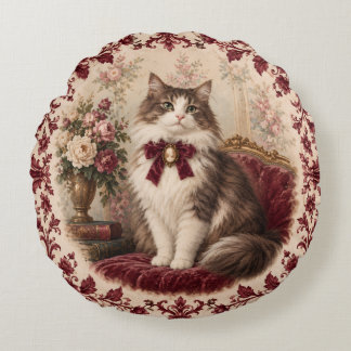 Victorian Cat Portrait Burgundy Floral Vintage Round Pillow