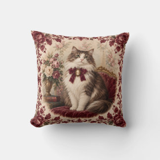 Victorian Cat Portrait Burgundy Floral Vintage Throw Pillow