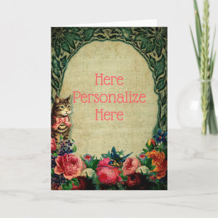 Victorian cat sheet music floral vintage green pin card