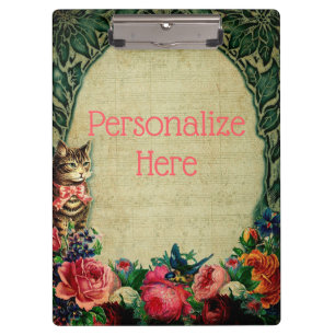 Victorian cat sheet music floral vintage green pin clipboard