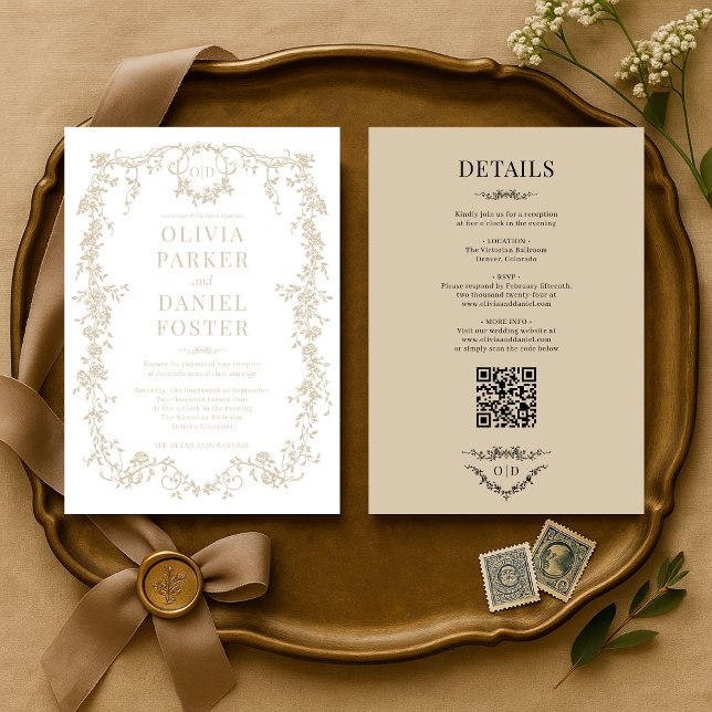 Victorian Champagne Beige All in One Wedding  Invitation (Creator Uploaded)