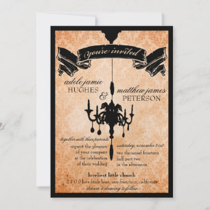 Victorian Chandelier • black & pale orange Wedding Invitation